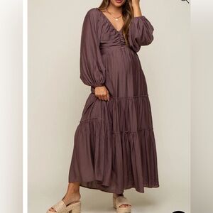 Brown Smocked Front Cutout Tiered Maternity Maxi Dress